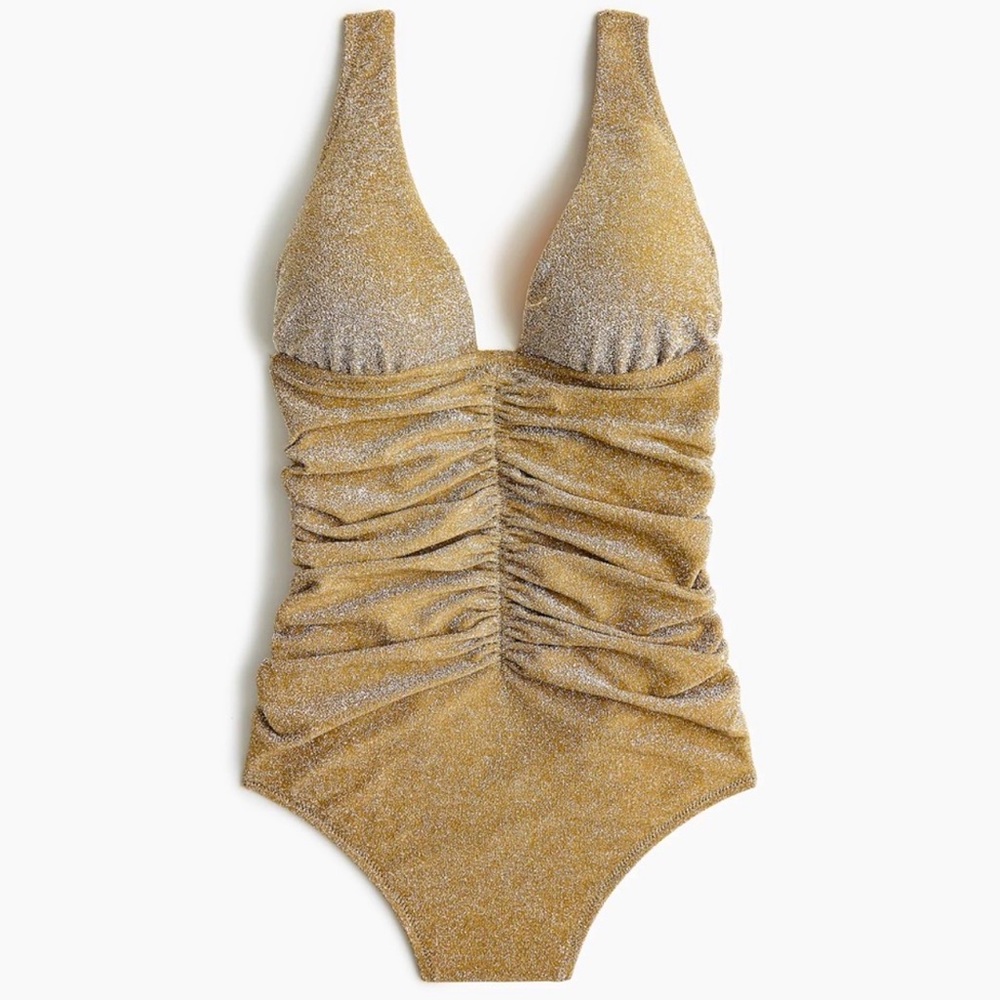 NWOT J.Crew Sparkle ruched plunge one-piece swim suit metallic